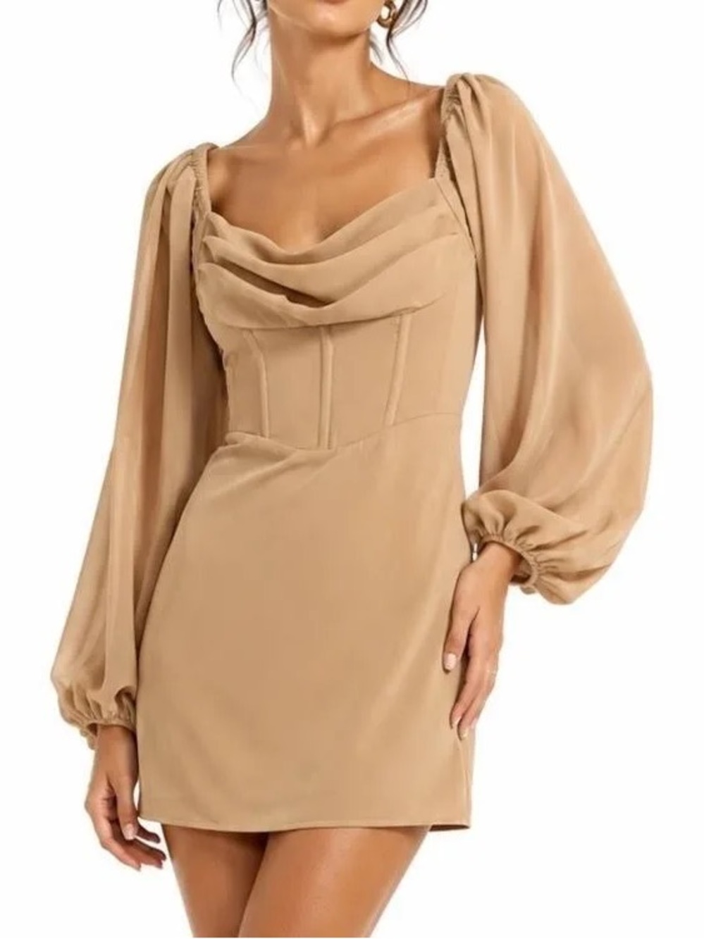 Princess Polly Tan Cowl Neck Balloon Sleeve Mini Dress